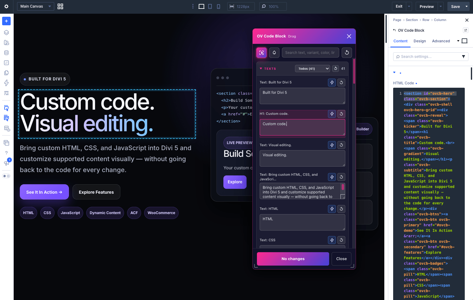 OV Code Block editing custom content inside the Divi 5 Visual Builder